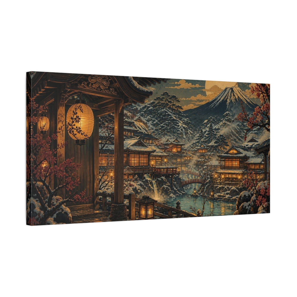 Side Mockup 1. Japanese Snowy Onsen Village shown as canvas print