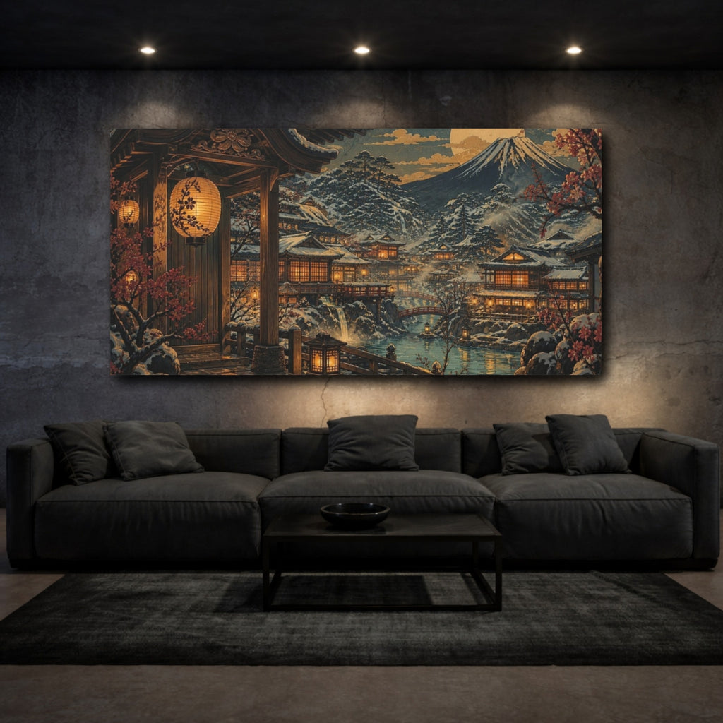Mockup 3. Japanese Snowy Onsen Village shown as canvas print