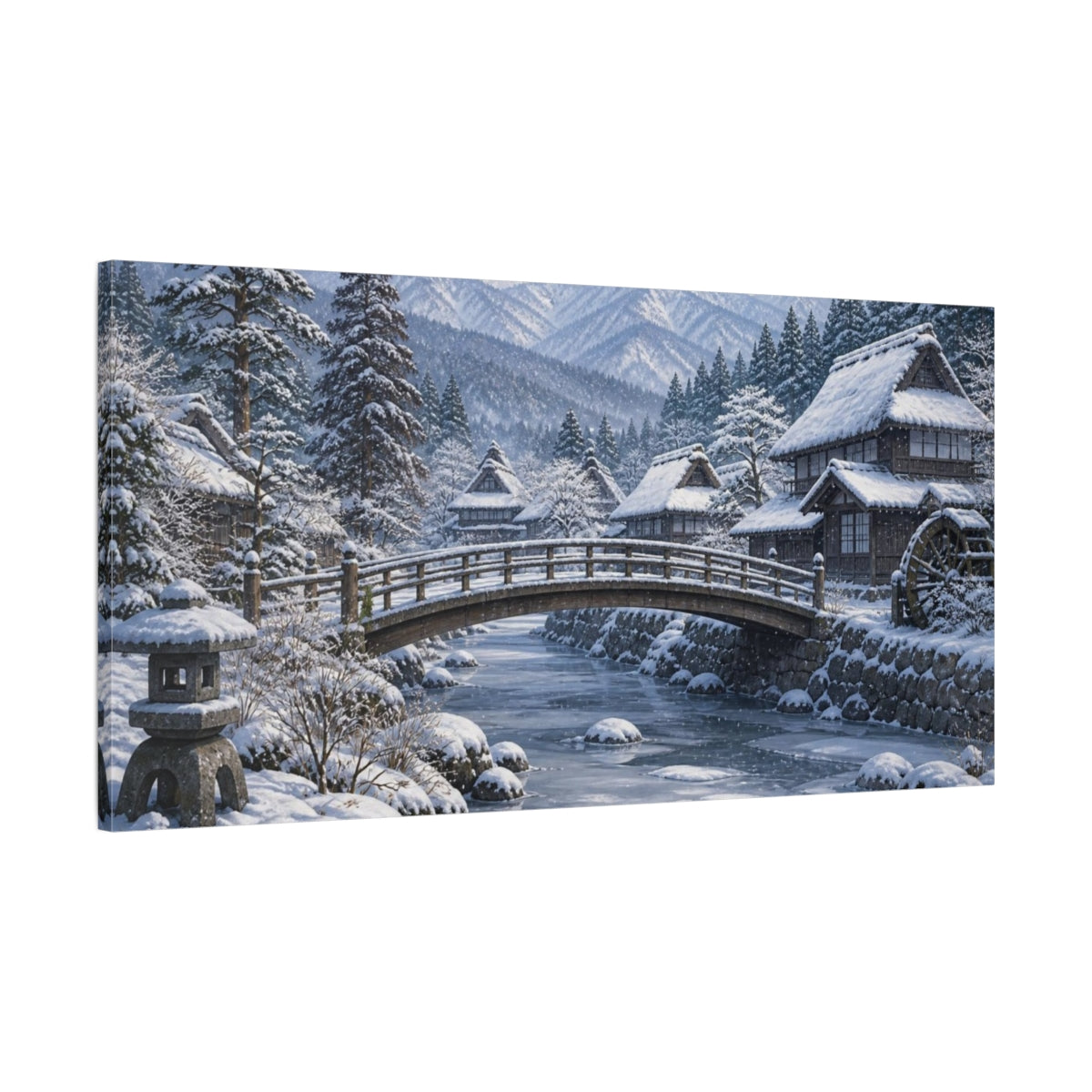 Main Mockup. Japanese Snowy Village Bridge shown as canvas print