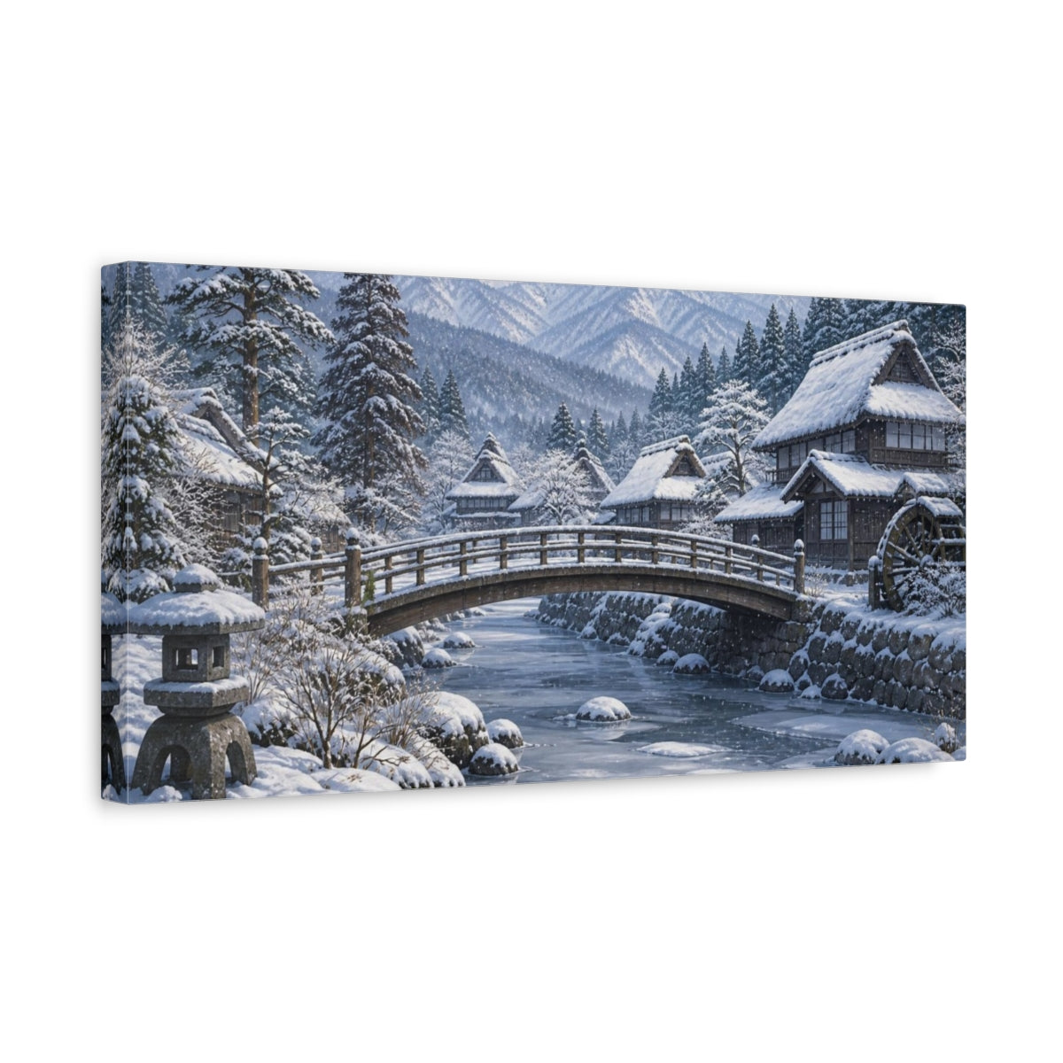 Side Mockup 3. Japanese Snowy Village Bridge shown as canvas print