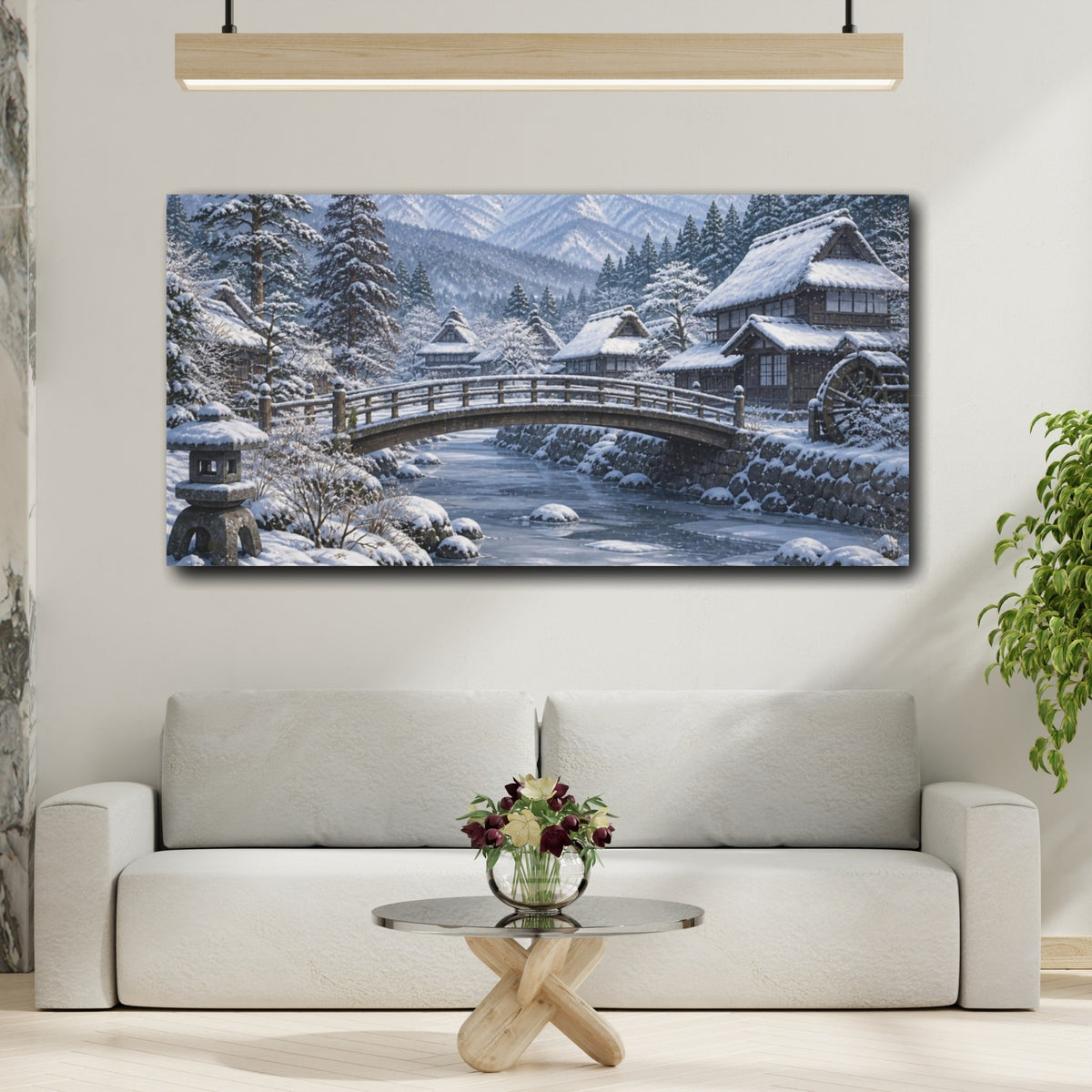 Mockup 2. Japanese Snowy Village Bridge shown as canvas print