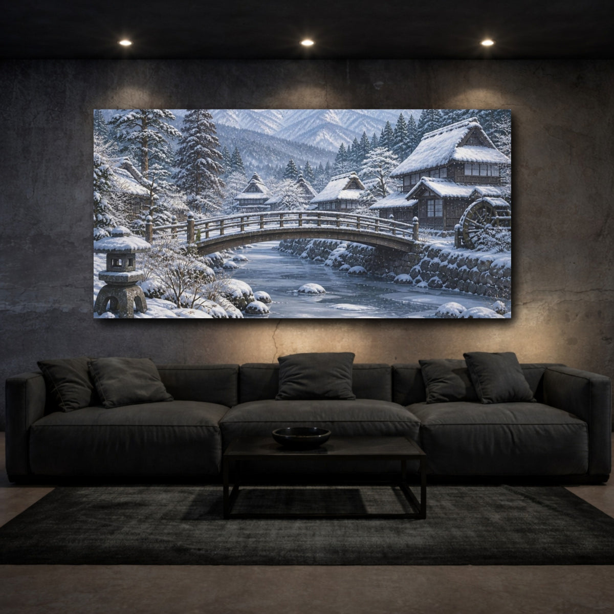 Mockup 3. Japanese Snowy Village Bridge shown as canvas print