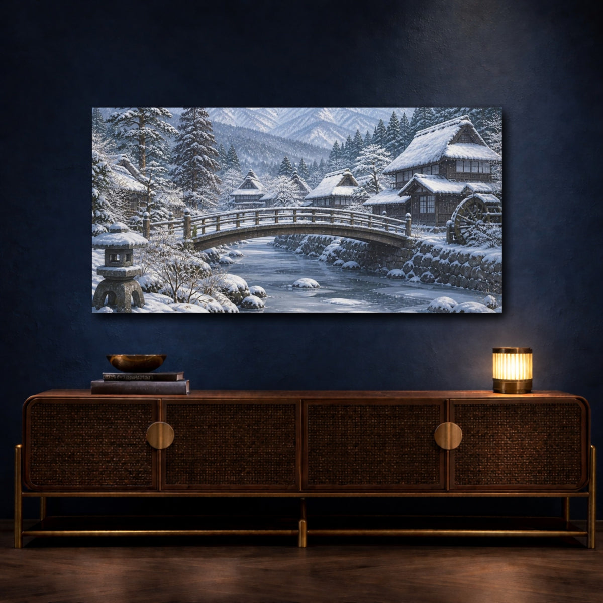 Mockup 4. Japanese Snowy Village Bridge shown as canvas print