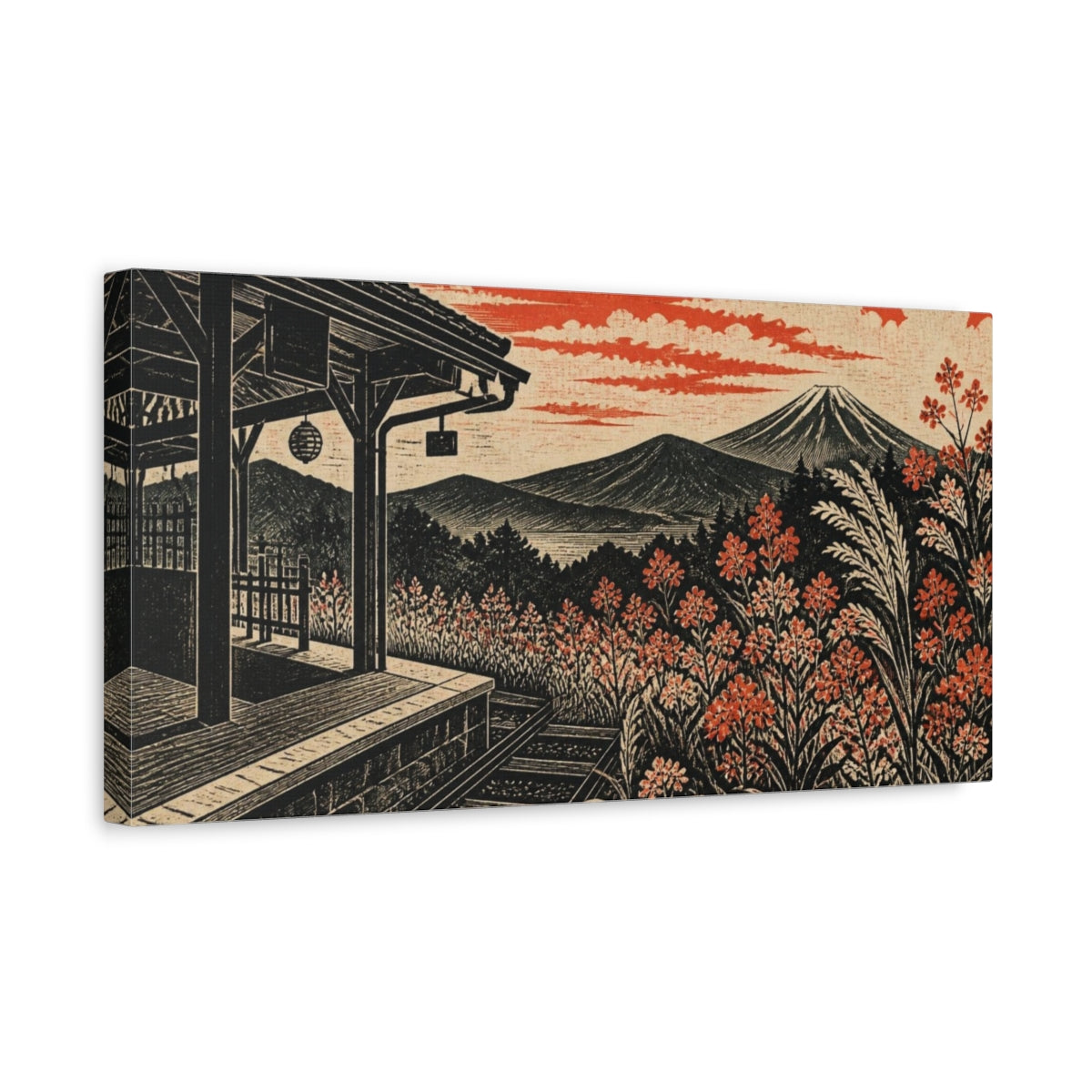Side Mockup 3. Japanese Station Platform With Flowers shown as canvas print