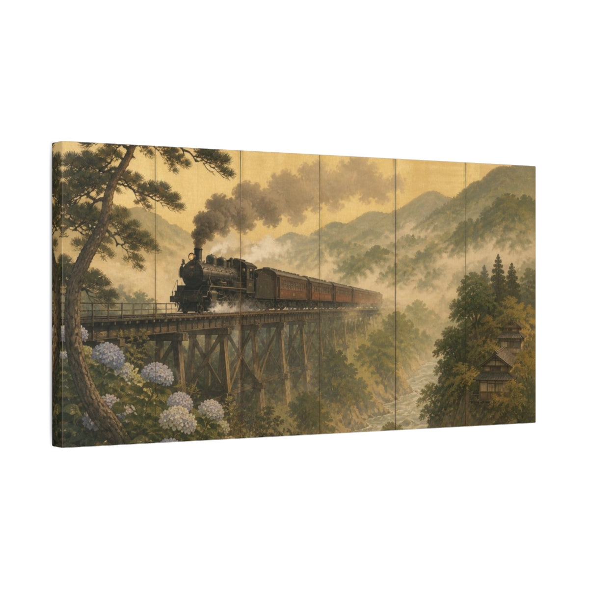 Side Mockup 1. Japanese Steam Train Crossing shown as canvas print