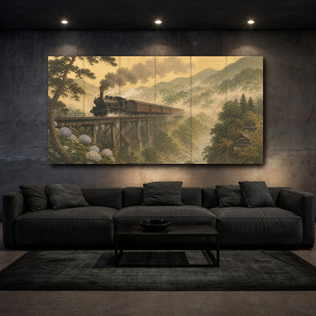 Mockup 3. Japanese Steam Train Crossing shown as canvas print