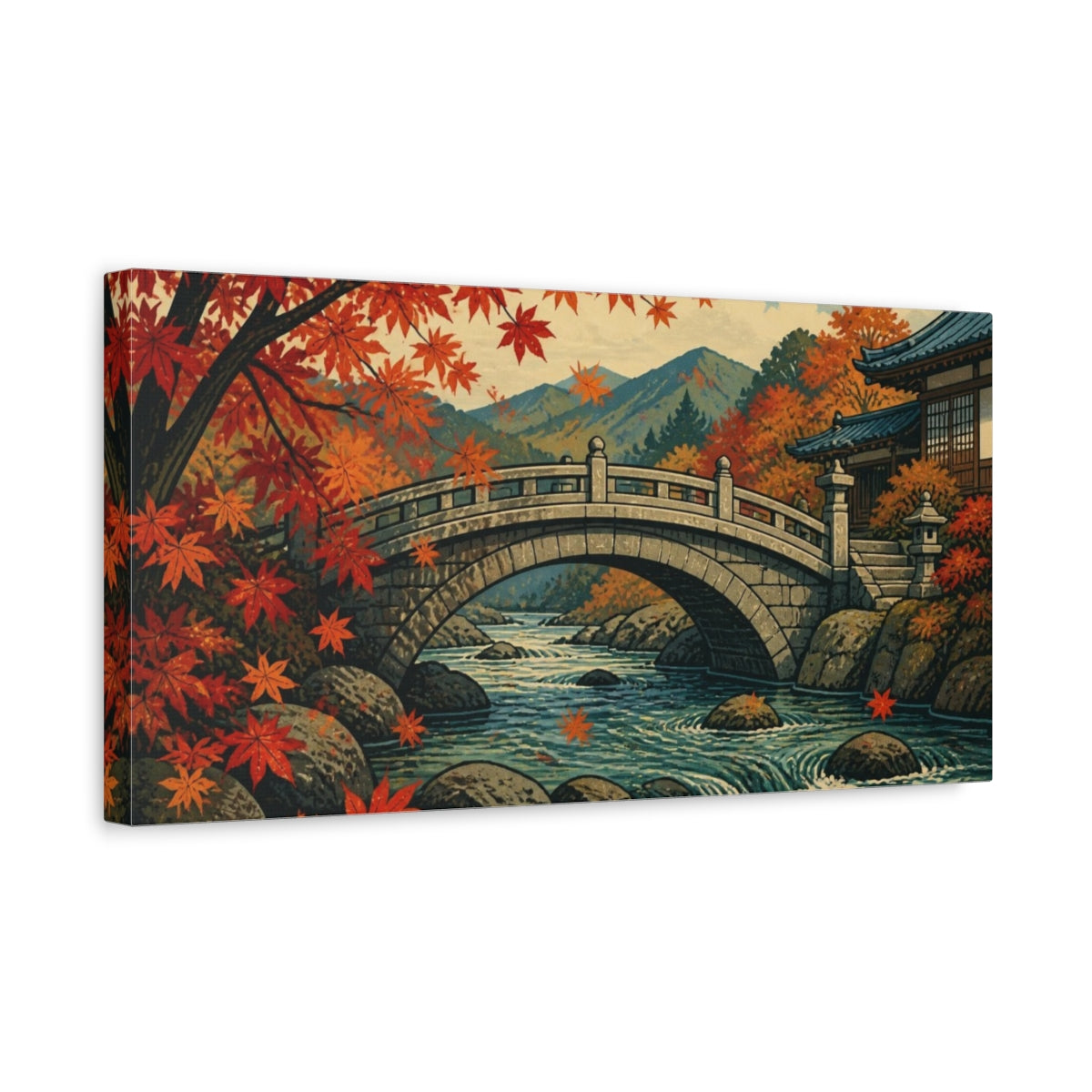 Side Mockup 3. Japanese Stone Bridge In Autumn shown as canvas print
