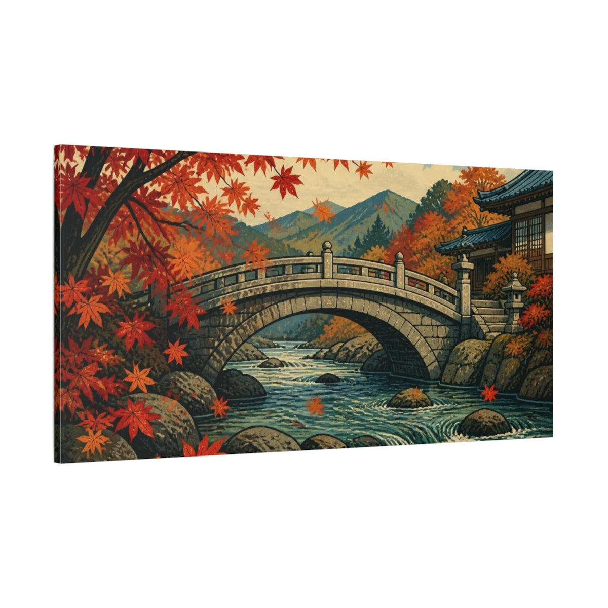 Side Mockup 2. Japanese Stone Bridge In Autumn shown as canvas print