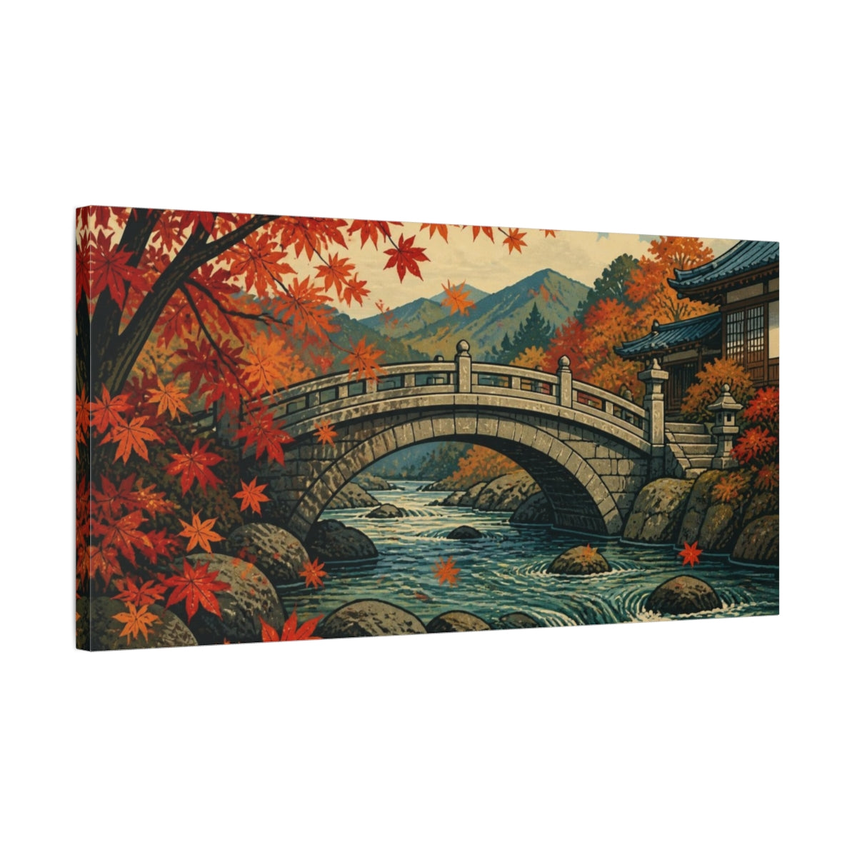 Side Mockup 1. Japanese Stone Bridge In Autumn shown as canvas print