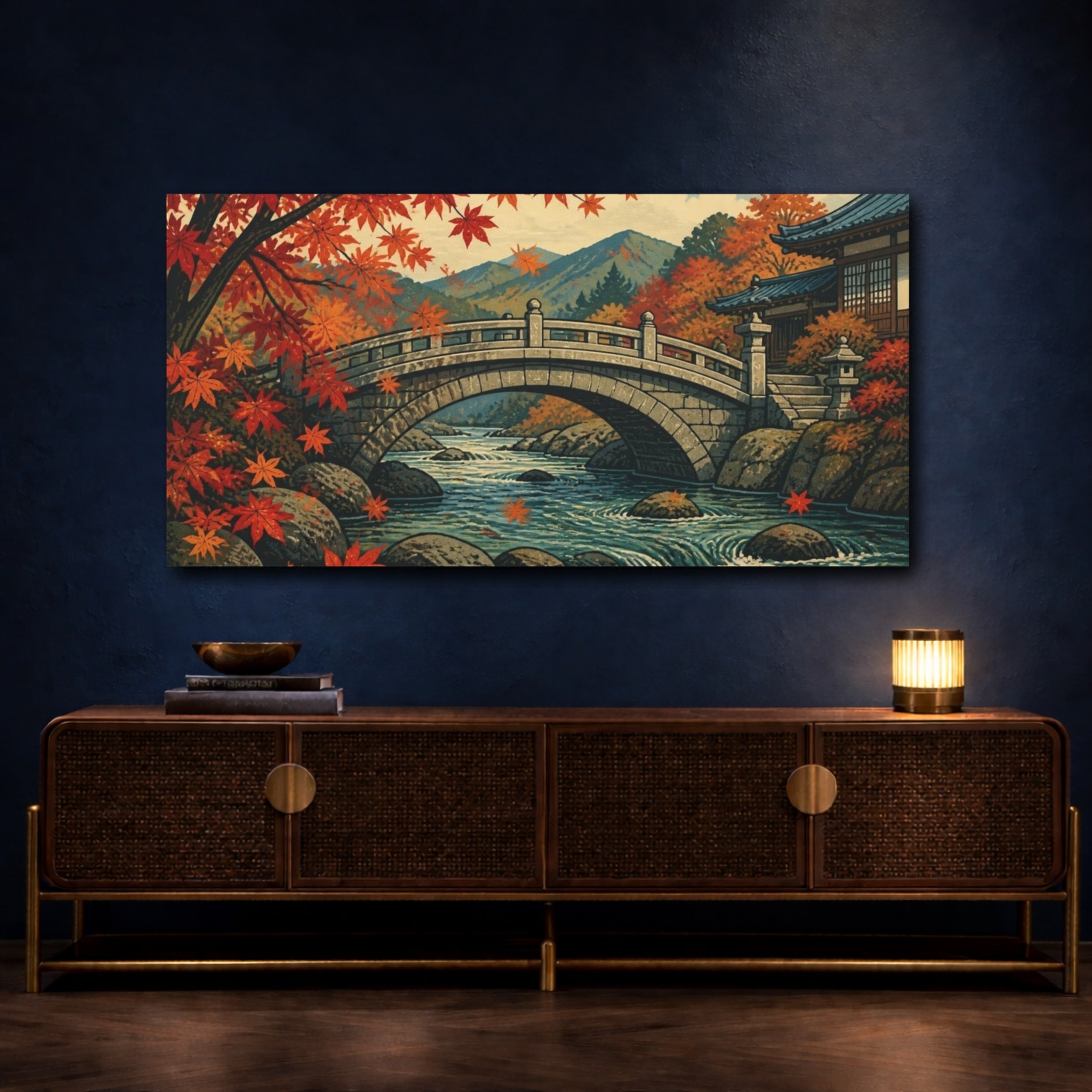 Mockup 4. Japanese Stone Bridge In Autumn shown as canvas print