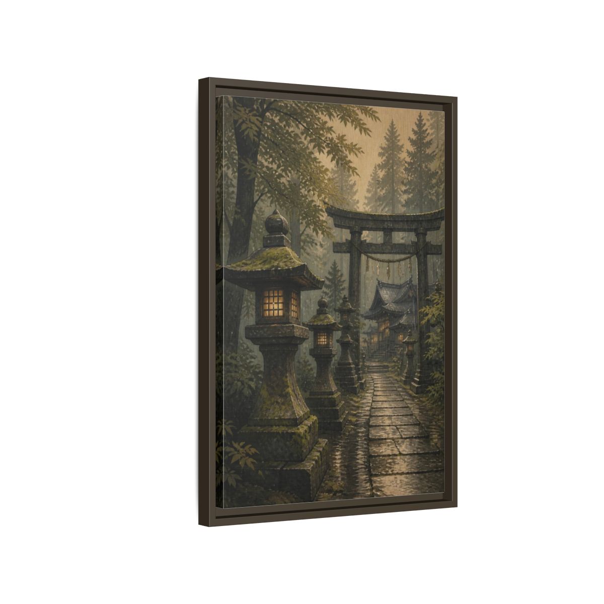 Side Mockup 2. Japanese Stone Lantern Path shown as framed canvas print