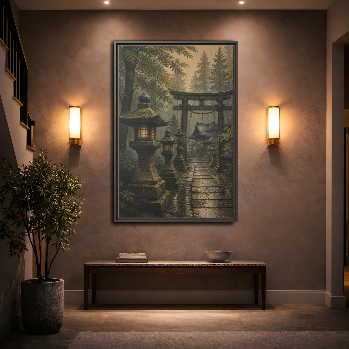 Mockup 2. Japanese Stone Lantern Path shown as framed canvas print