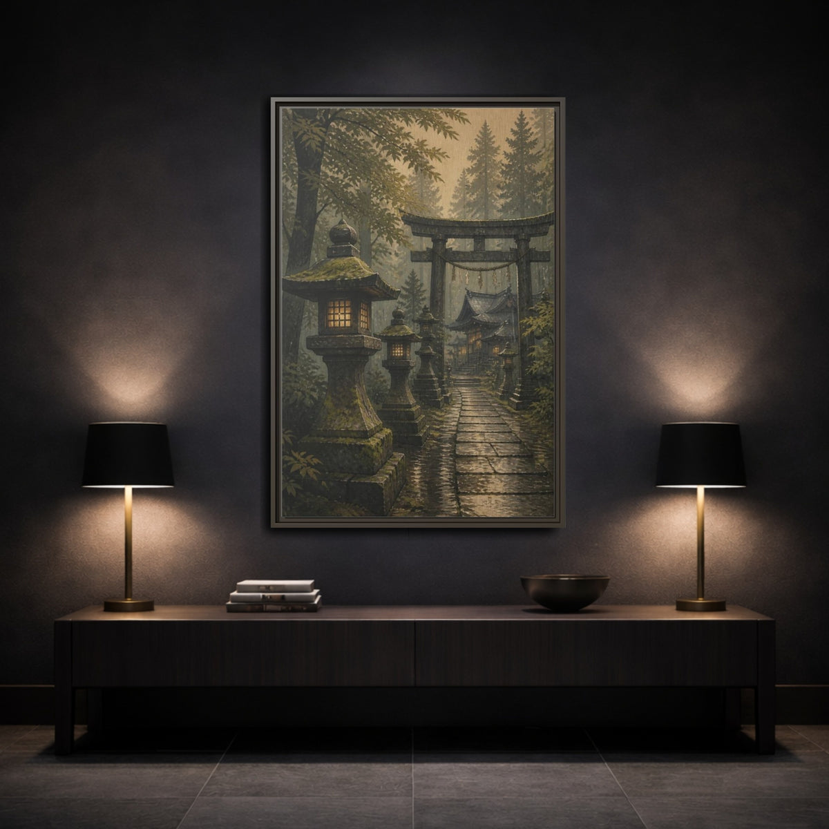 Mockup 3. Japanese Stone Lantern Path shown as framed canvas print
