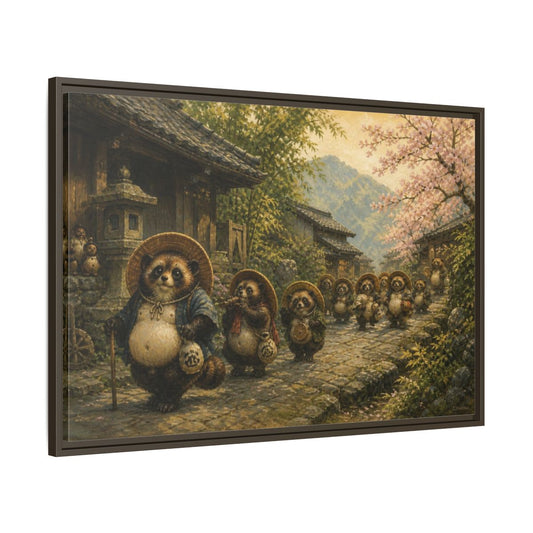 Main Mockup. Japanese Tanuki Procession shown as framed canvas print