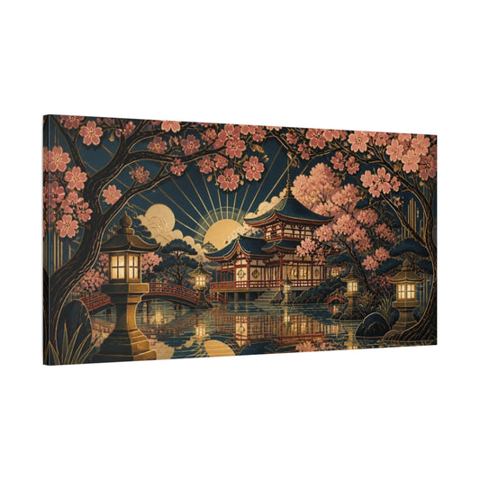 Main Mockup. Japanese Temple With Cherry Blossoms shown as canvas print