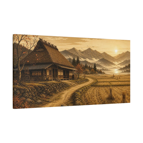 Main Mockup. Japanese Thatched Farmhouse Sunset shown as canvas print