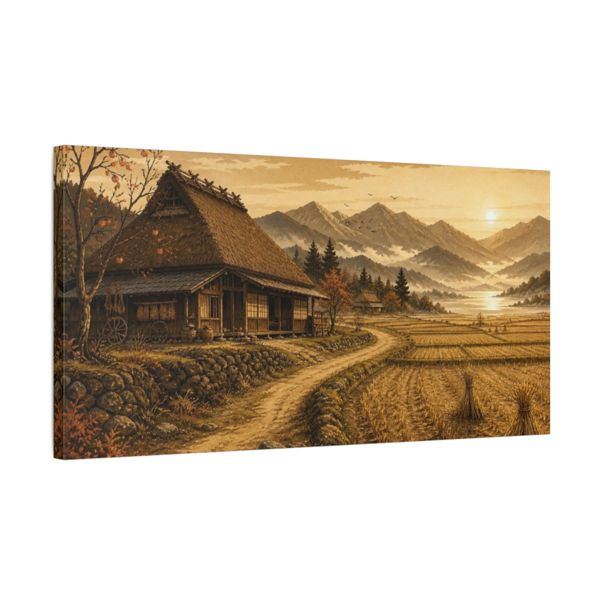 Side Mockup 1. Japanese Thatched Farmhouse Sunset shown as canvas print