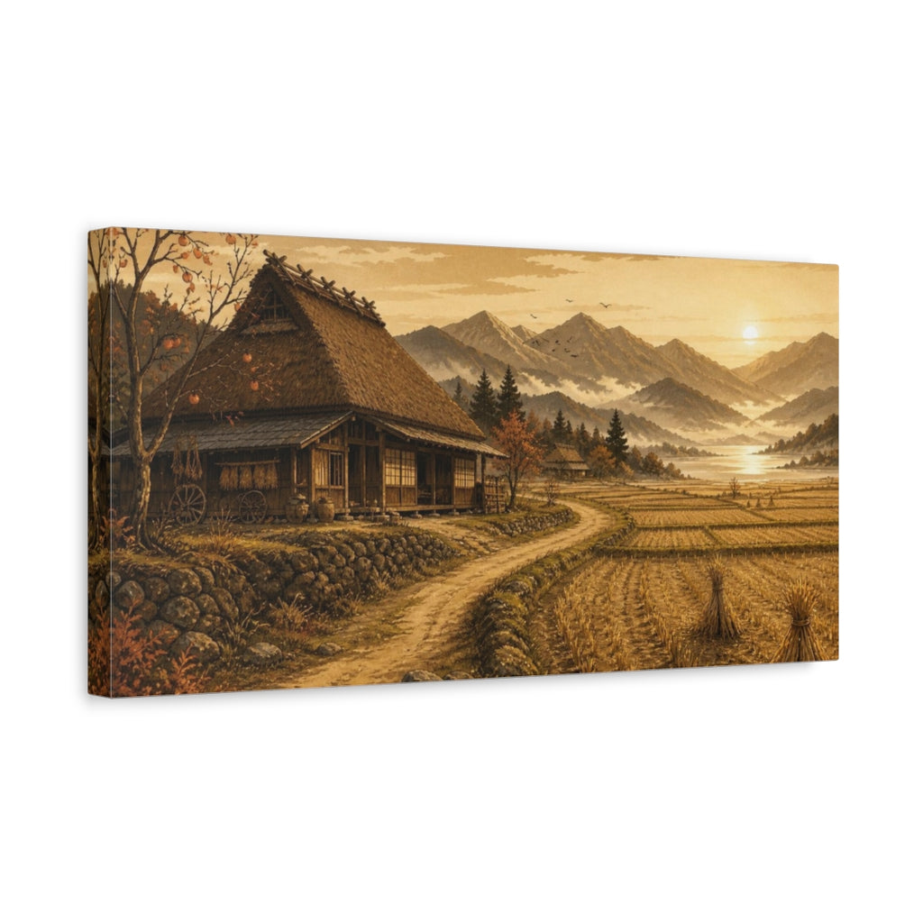 Side Mockup 3. Japanese Thatched Farmhouse Sunset shown as canvas print
