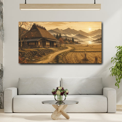 Mockup 2. Japanese Thatched Farmhouse Sunset shown as canvas print