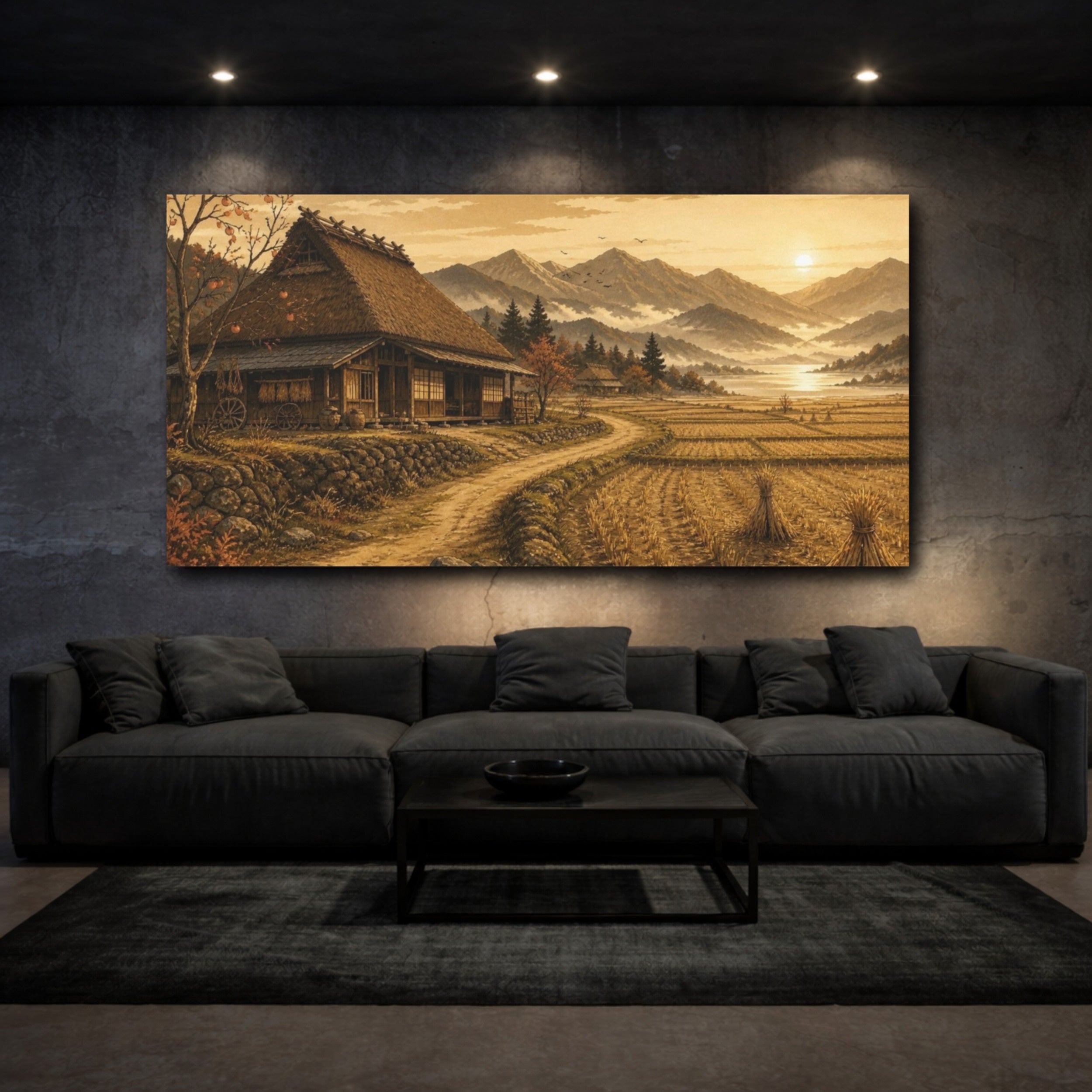 Mockup 3. Japanese Thatched Farmhouse Sunset shown as canvas print