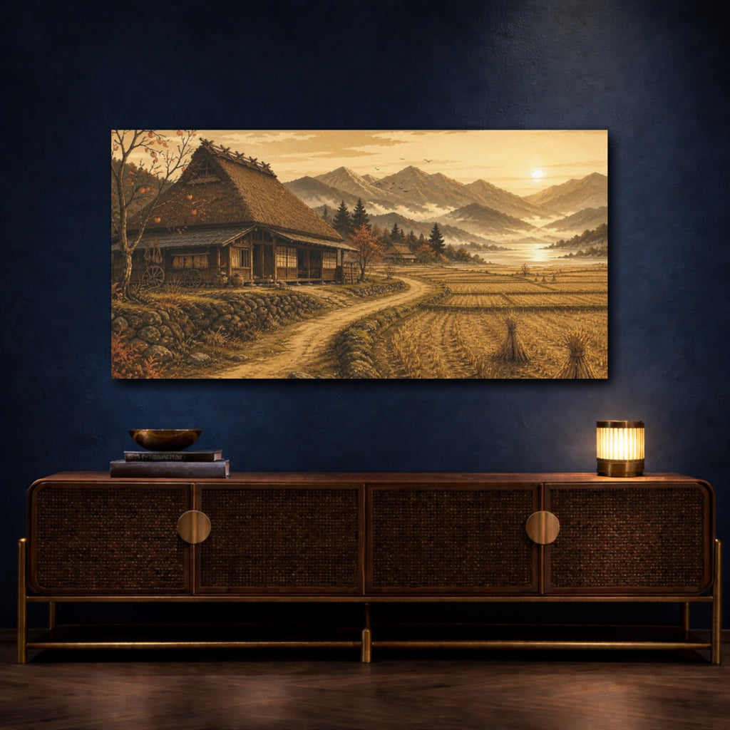 Mockup 4. Japanese Thatched Farmhouse Sunset shown as canvas print