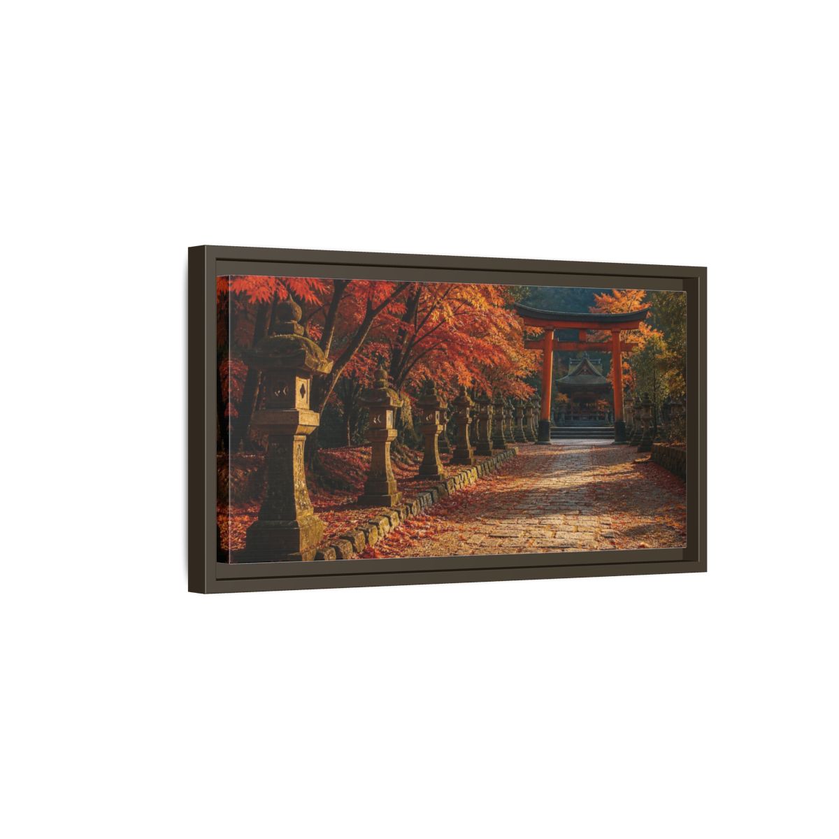 Side Mockup 7. Japanese Torii In Autumn shown as framed canvas print