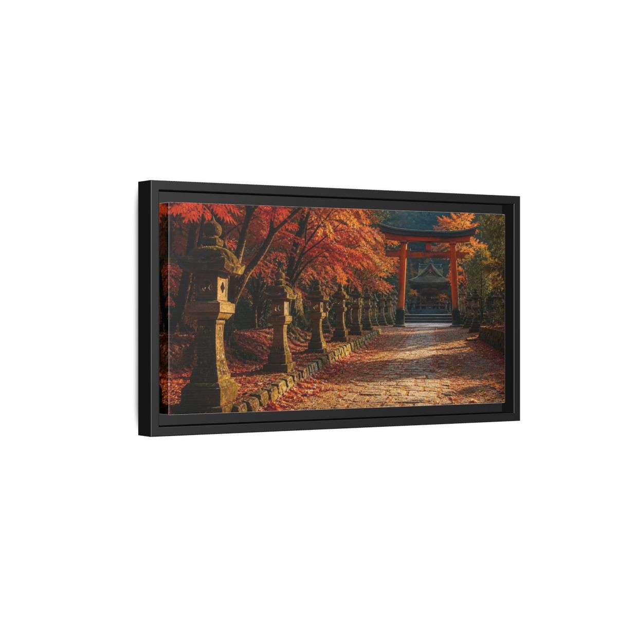 Side Mockup 8. Japanese Torii In Autumn shown as framed canvas print
