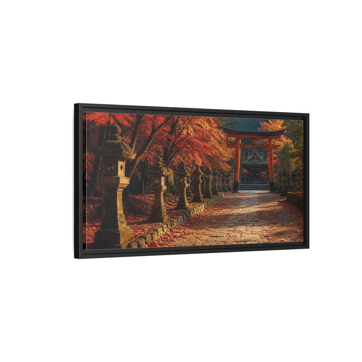 Side Mockup 2. Japanese Torii In Autumn shown as framed canvas print