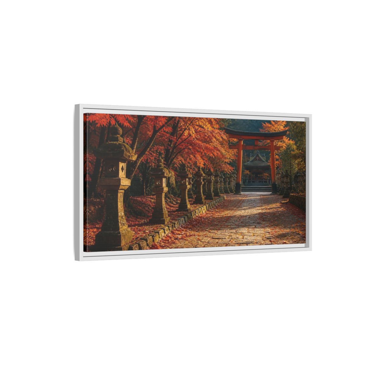 Side Mockup 1. Japanese Torii In Autumn shown as framed canvas print