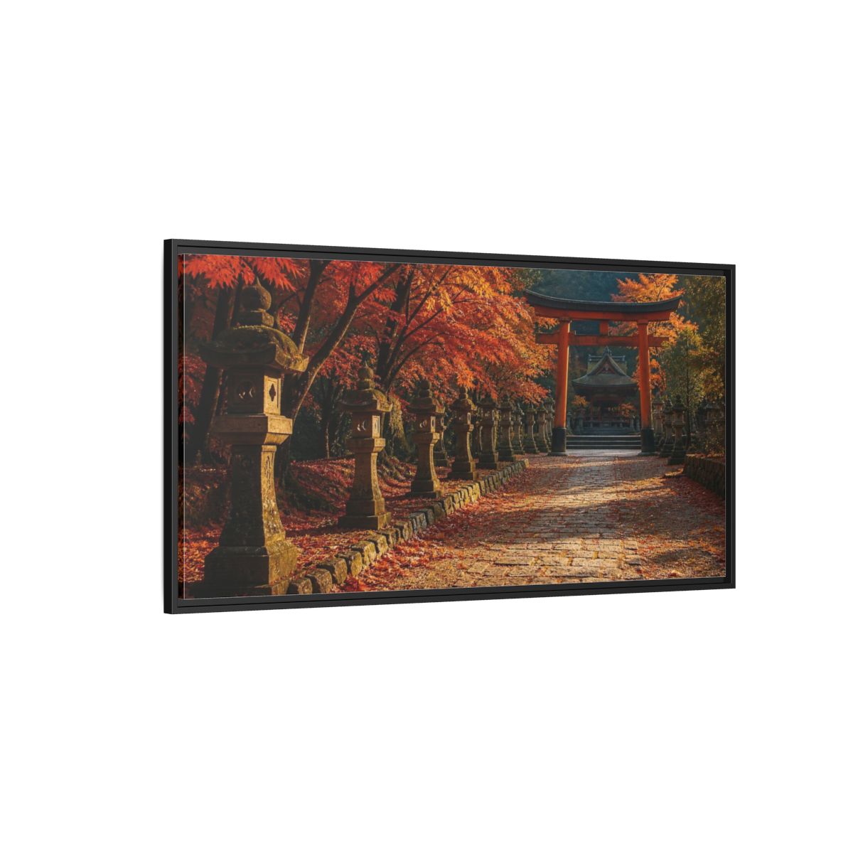 Side Mockup 5. Japanese Torii In Autumn shown as framed canvas print