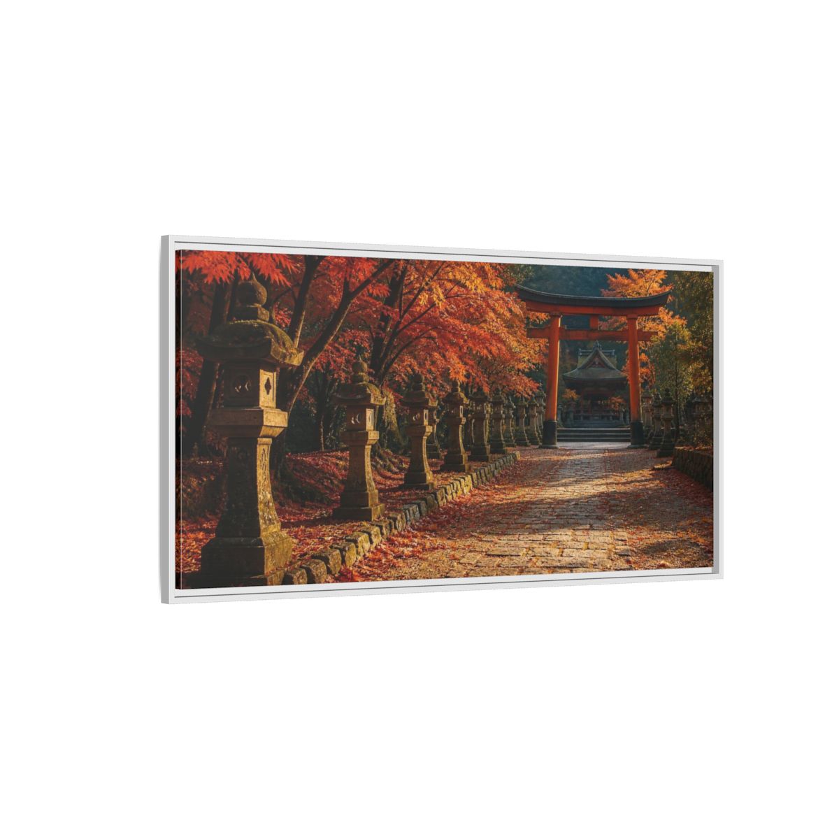 Side Mockup 3. Japanese Torii In Autumn shown as framed canvas print