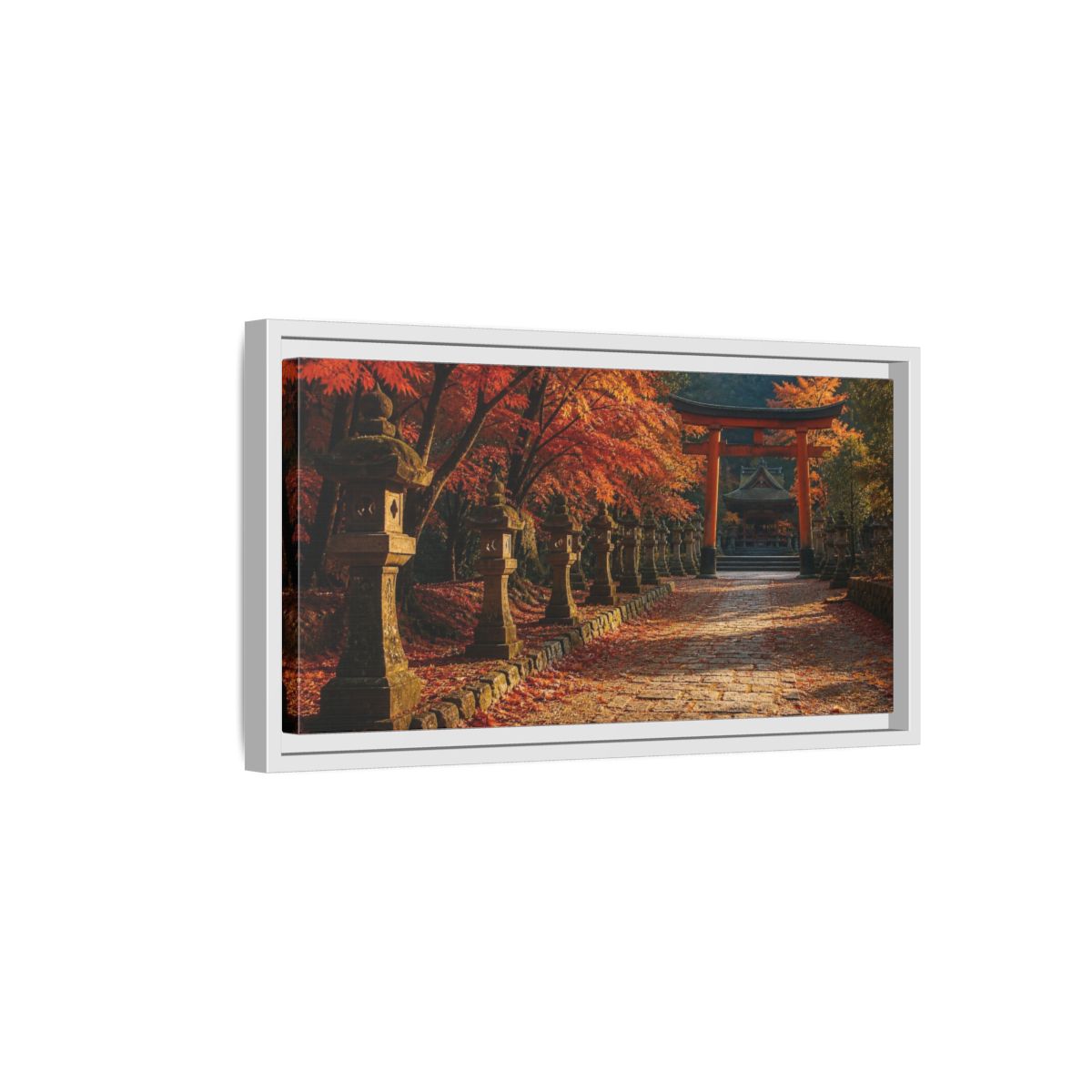 Side Mockup 6. Japanese Torii In Autumn shown as framed canvas print