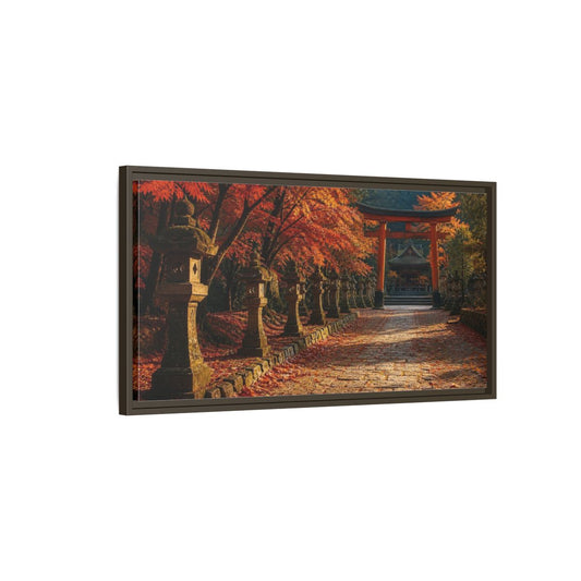 Main Mockup. Japanese Torii In Autumn shown as framed canvas print