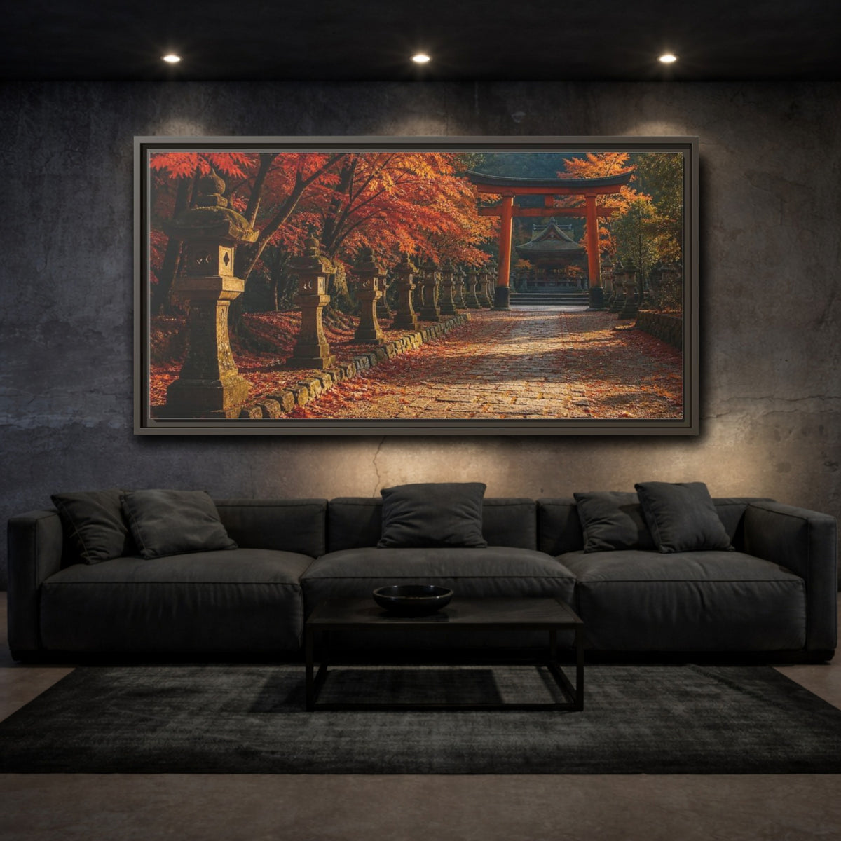 Mockup 3. Japanese Torii In Autumn shown as framed canvas print