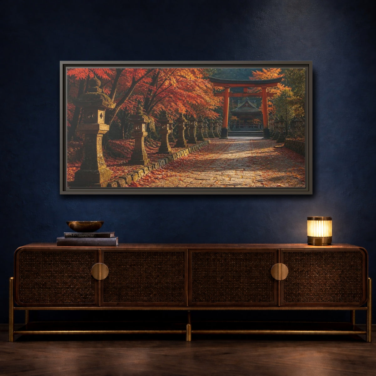 Mockup 4. Japanese Torii In Autumn shown as framed canvas print