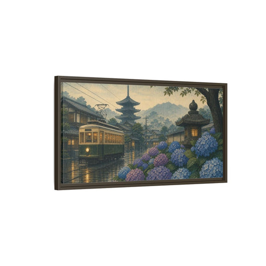 Main Mockup. Japanese Tram With Hydrangeas shown as framed canvas print