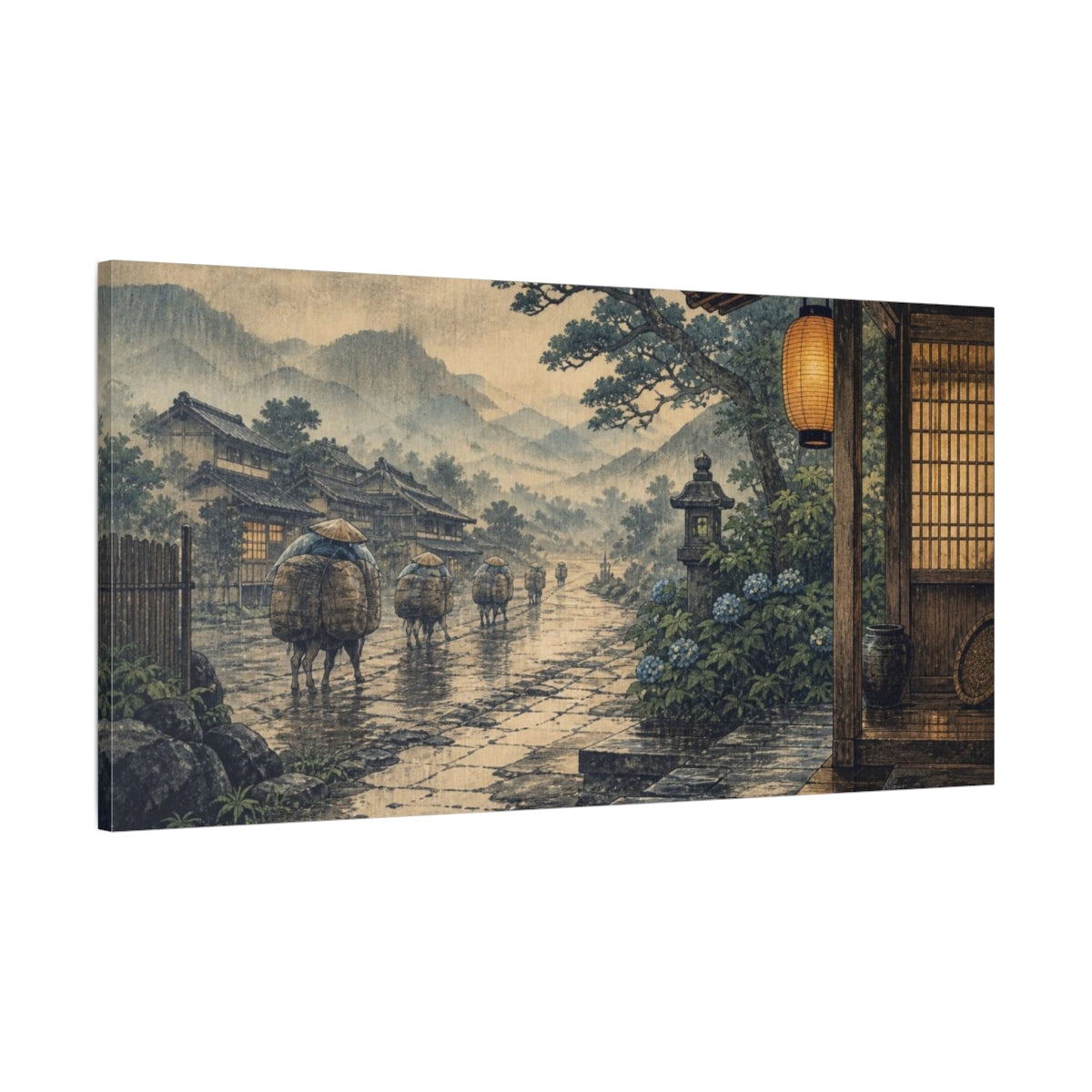Main Mockup. Japanese Travelers On Rainy Road shown as canvas print
