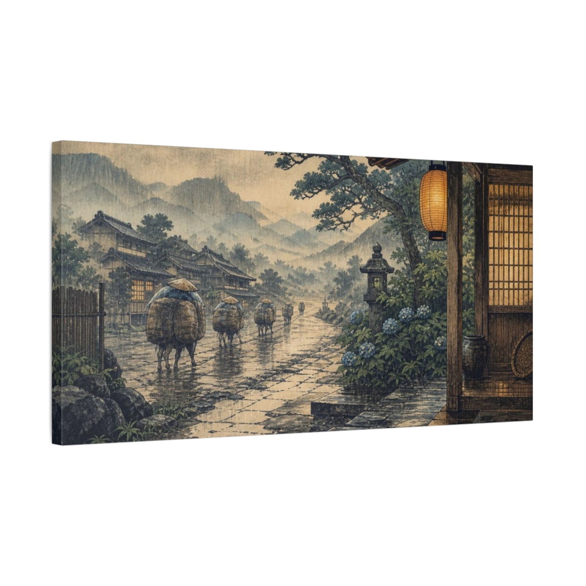 Side Mockup 1. Japanese Travelers On Rainy Road shown as canvas print