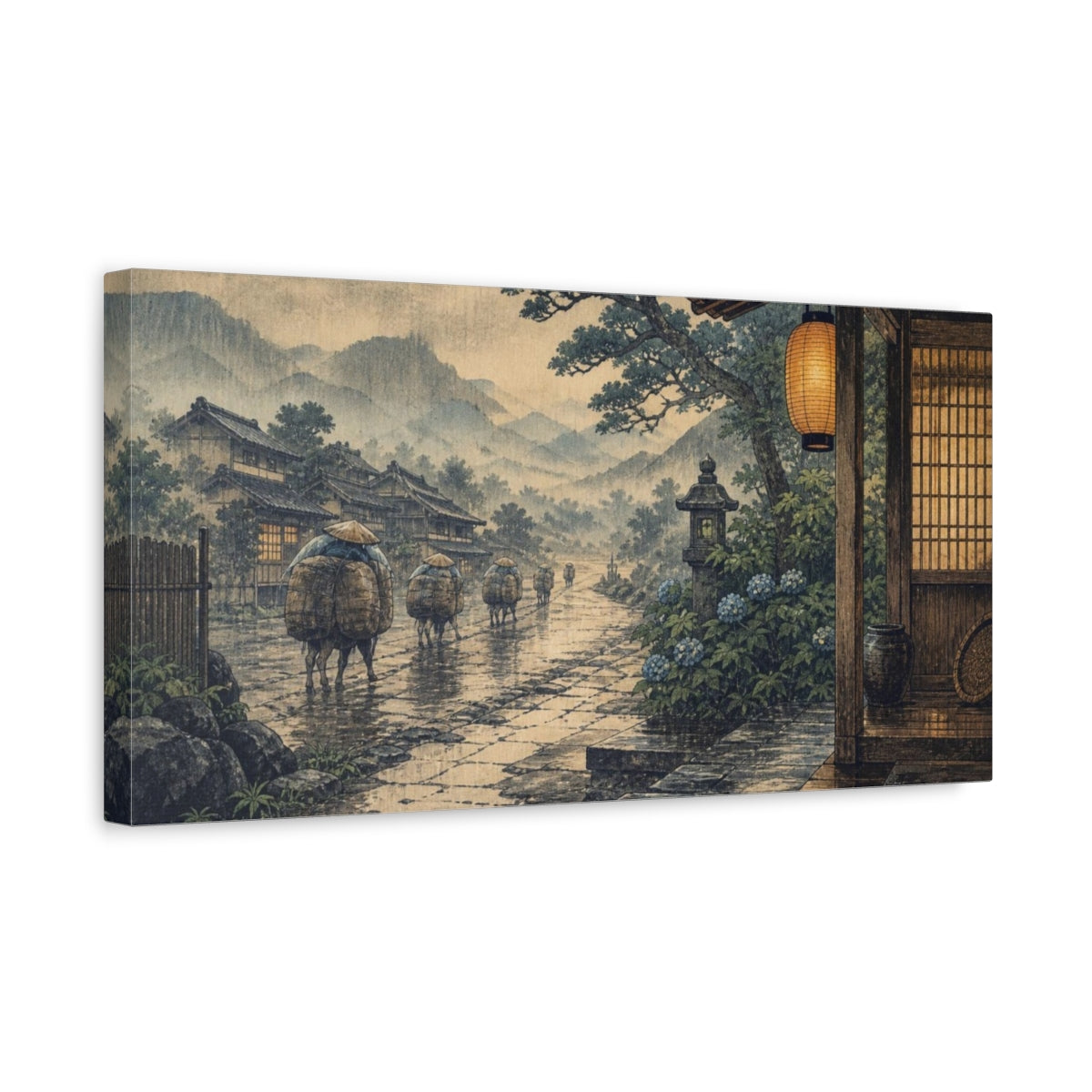 Side Mockup 3. Japanese Travelers On Rainy Road shown as canvas print