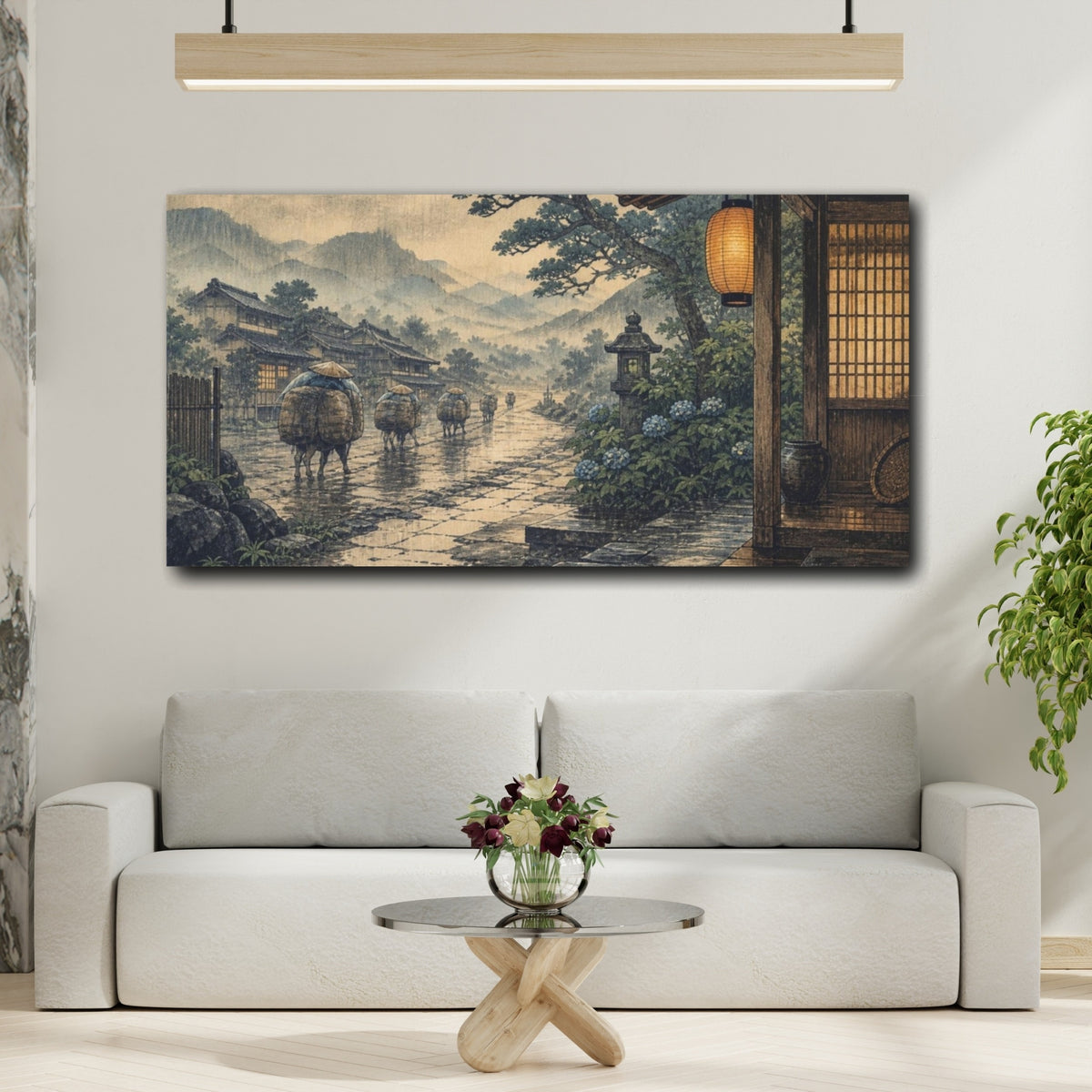 Mockup 2. Japanese Travelers On Rainy Road shown as canvas print