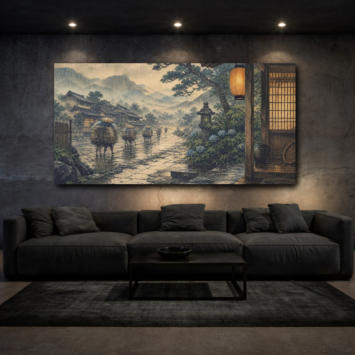 Mockup 3. Japanese Travelers On Rainy Road shown as canvas print