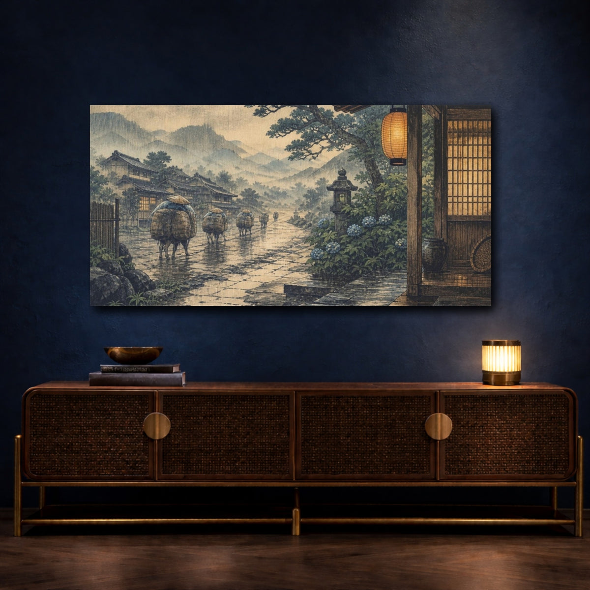 Mockup 4. Japanese Travelers On Rainy Road shown as canvas print