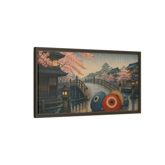 Main Mockup. Japanese Umbrellas On Bridge shown as framed canvas print