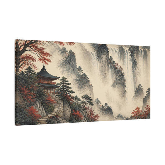 Main Mockup. Japanese Waterfall Temple shown as canvas print