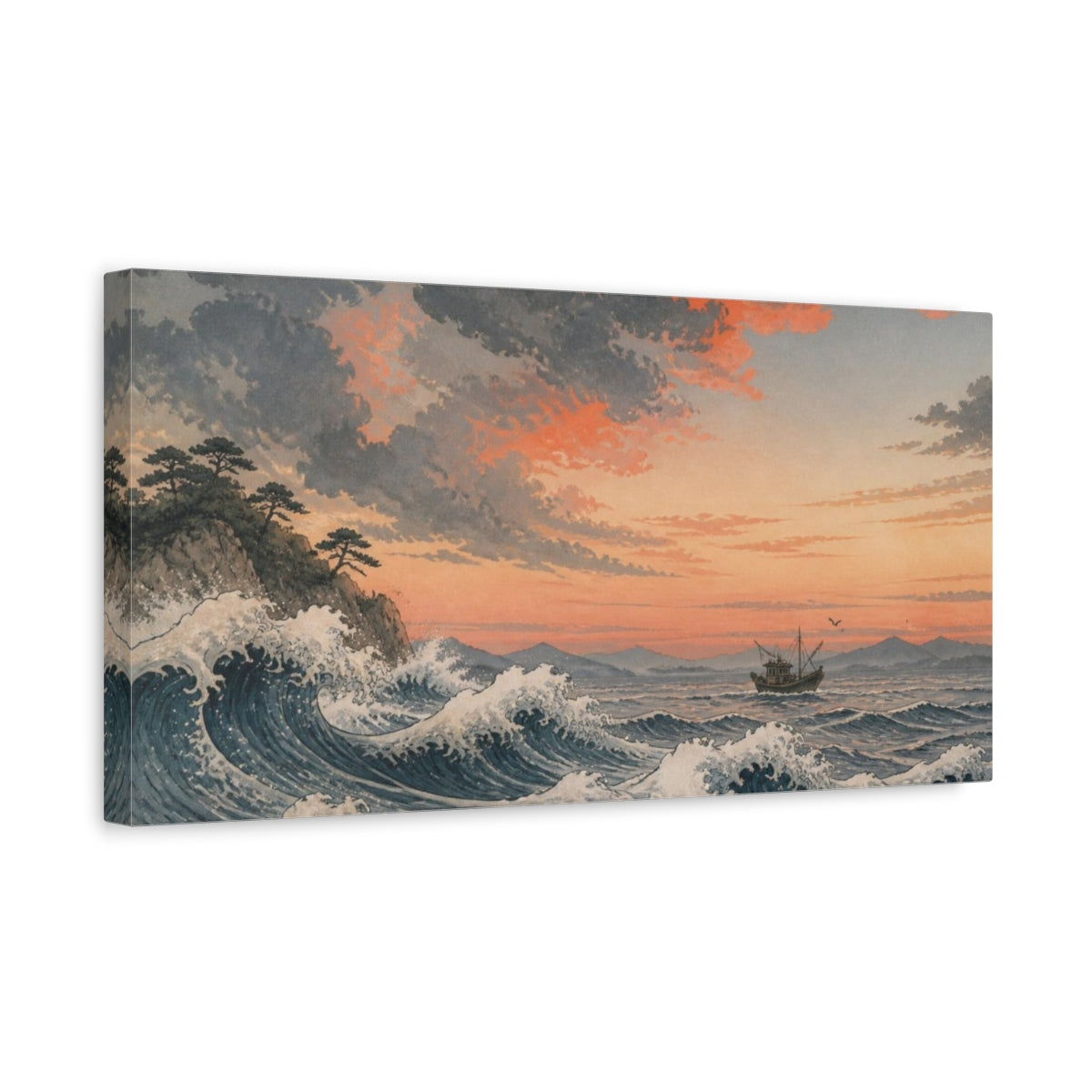 Side Mockup 3. Japanese Wave And Fishing Boat shown as canvas print