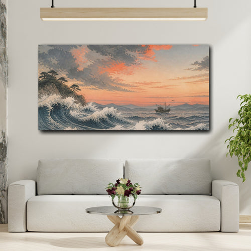 Mockup 2. Japanese Wave And Fishing Boat shown as canvas print