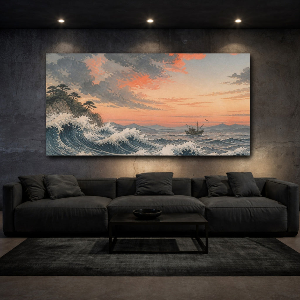 Mockup 3. Japanese Wave And Fishing Boat shown as canvas print