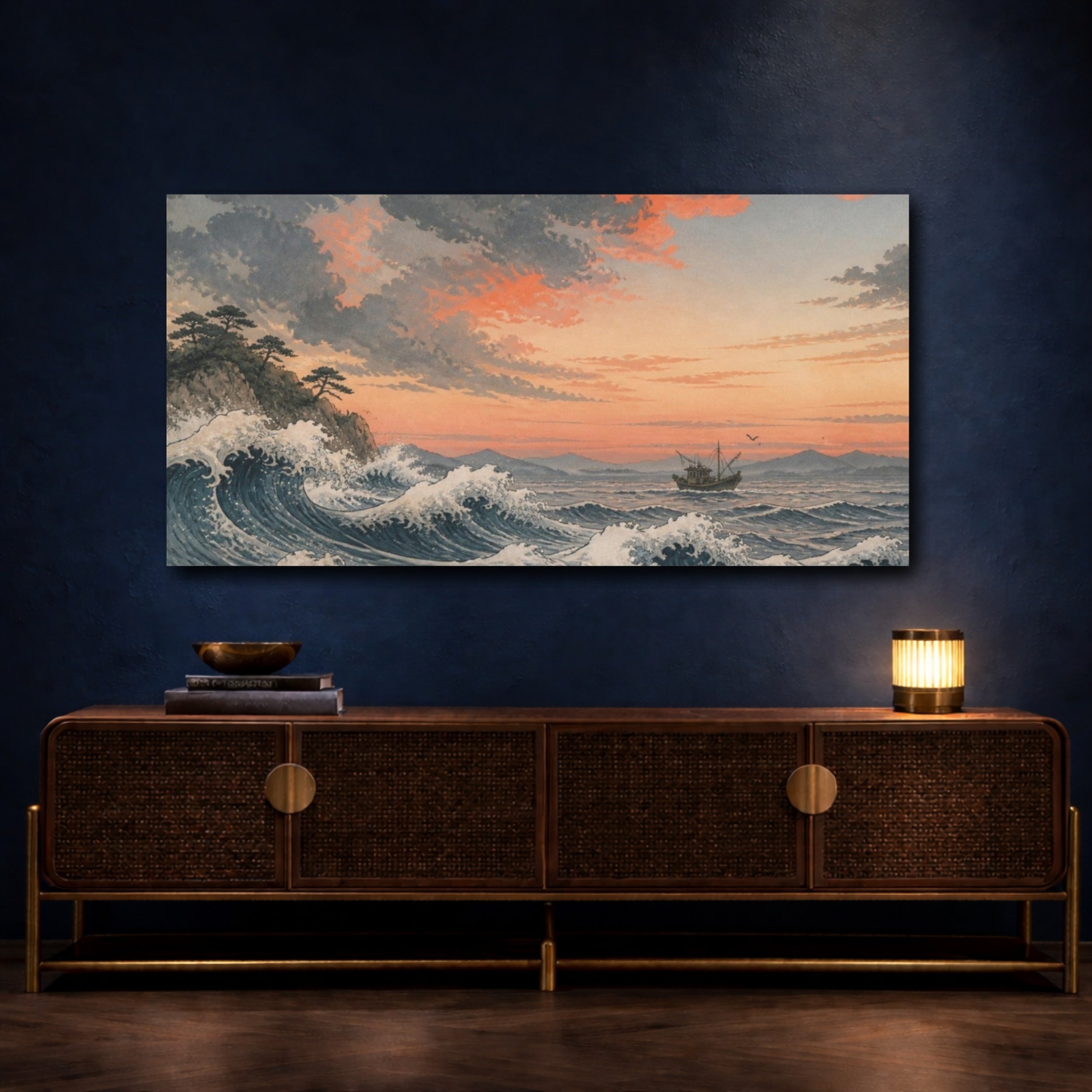 Mockup 4. Japanese Wave And Fishing Boat shown as canvas print