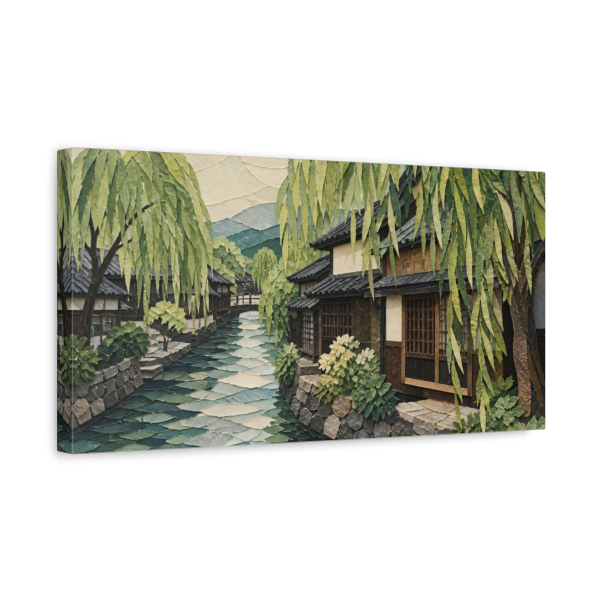 Side Mockup 3. Japanese Willow Canal shown as canvas print