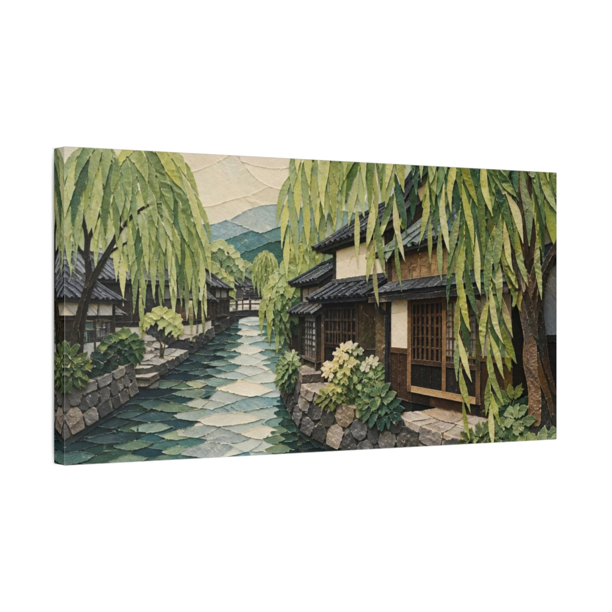 Side Mockup 1. Japanese Willow Canal shown as canvas print